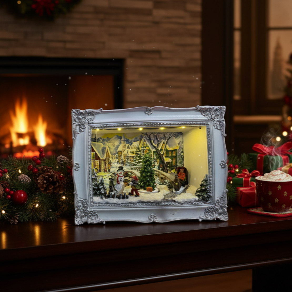 Светеща Коледна декорация на зимен пейзаж с ретро дизайн на рамка