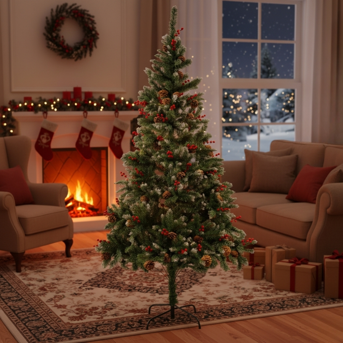 Изкуствена елха Luxury Diamond с червен глог и шишарки