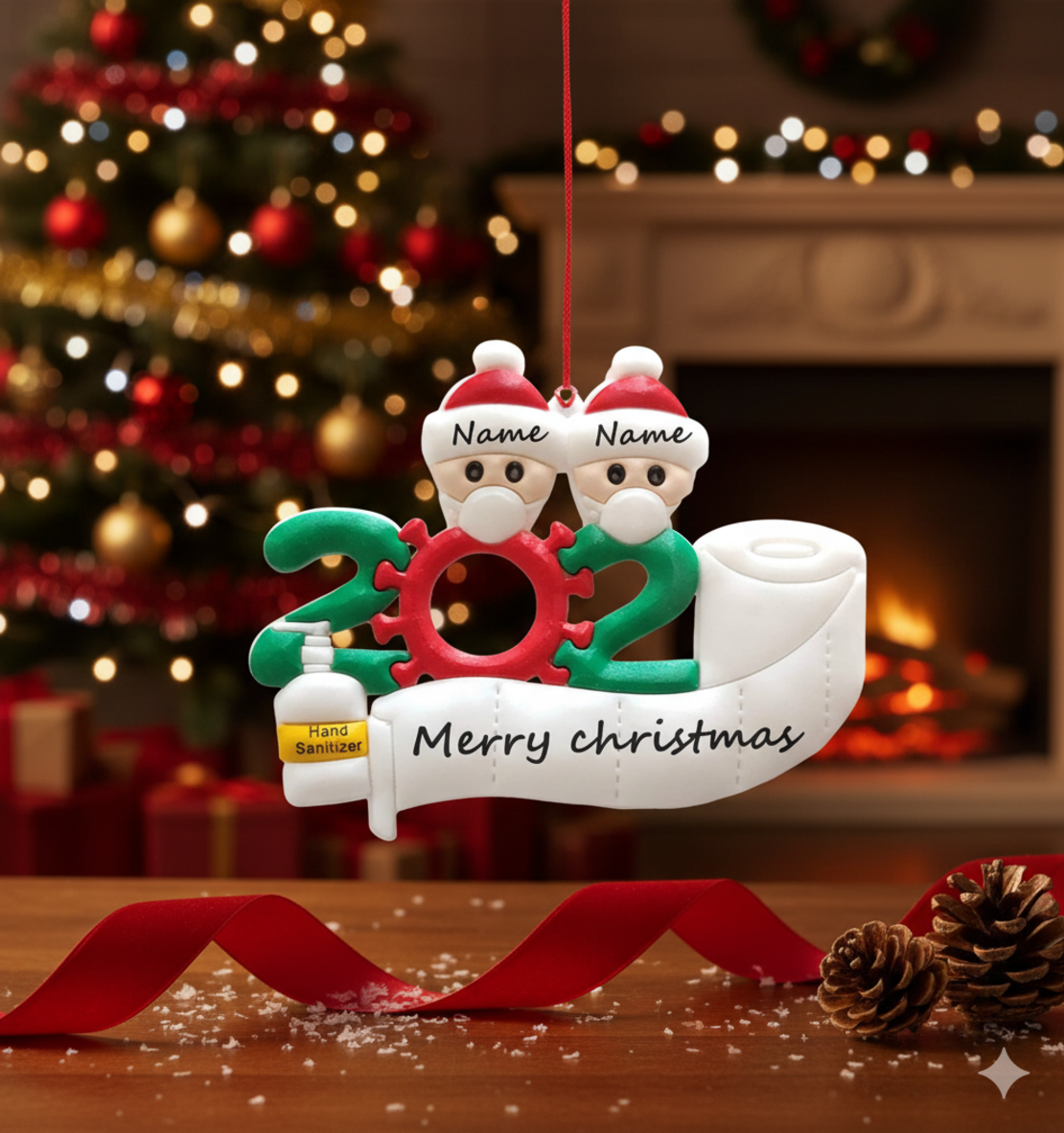 Коледен орнамент за надписване Семейство с маски MAXORA 2022 Covid