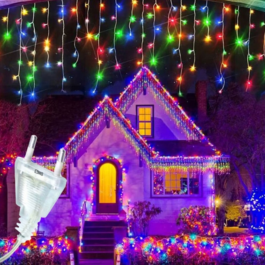 Коледна украса LED ресни 12 метра – водоустойчива инсталация с 8 режима на светене, идеална за дома, градината и оградата