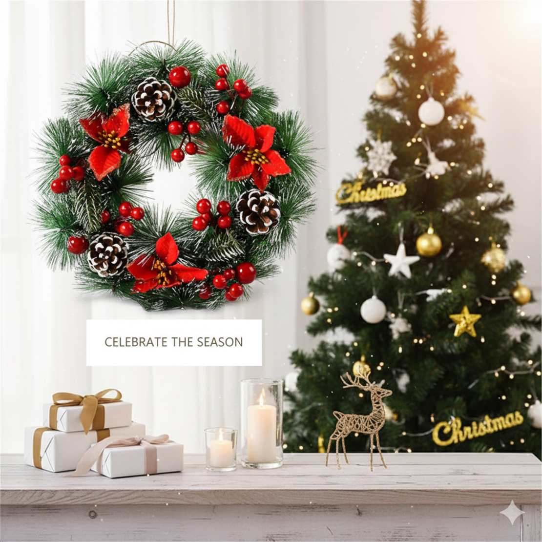 Коледен венец за декорация с шишарки и изкуствени коледни звезди Диаметър: 30 см