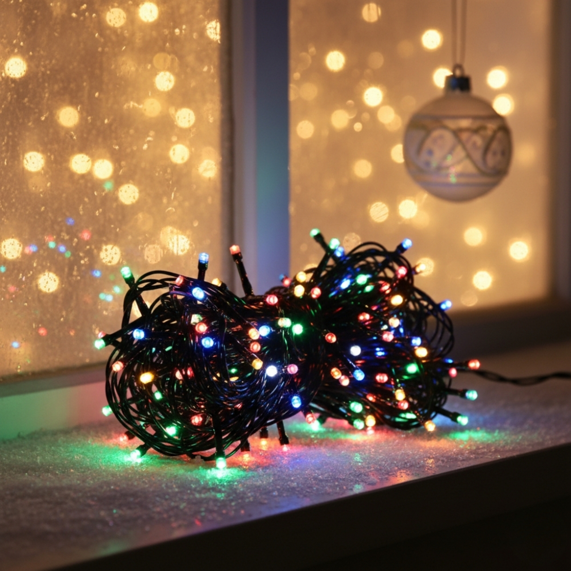 Цветни коледни лампички с черен кабел
