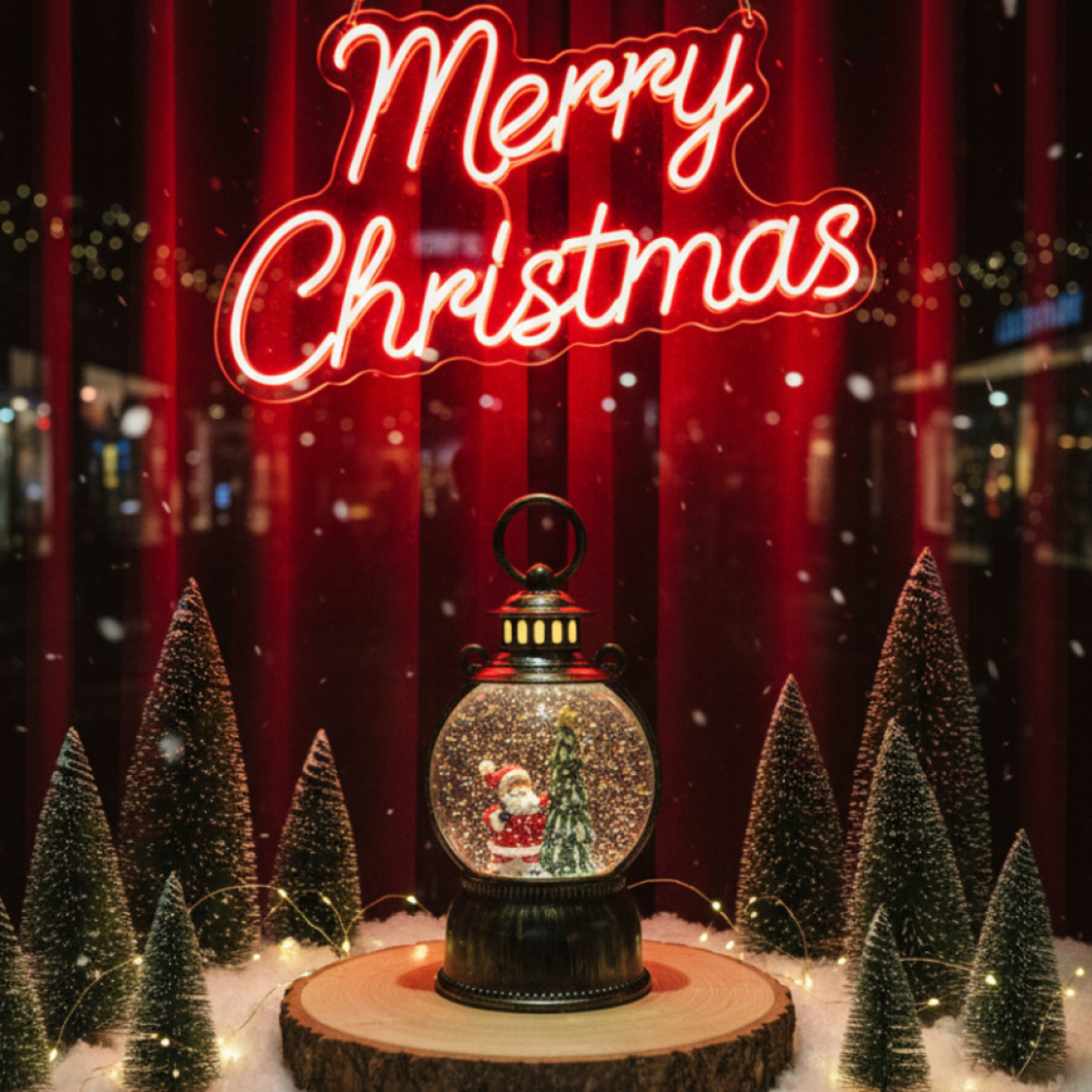 Голям LED коледен фенер с ефект на падащ сняг – приказна светлина и празнична магия