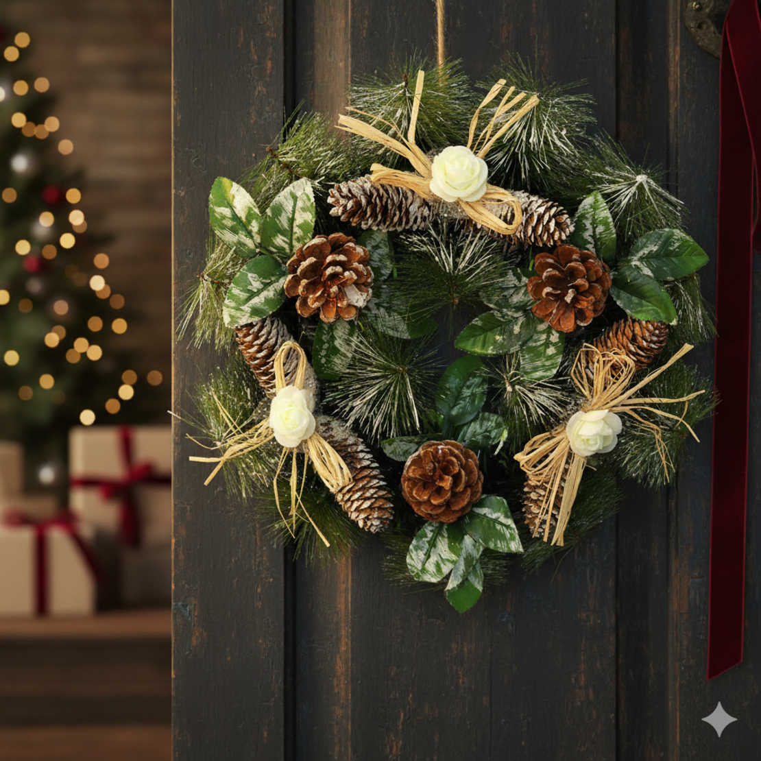 Коледен венец с орнаменти за декорация на дома