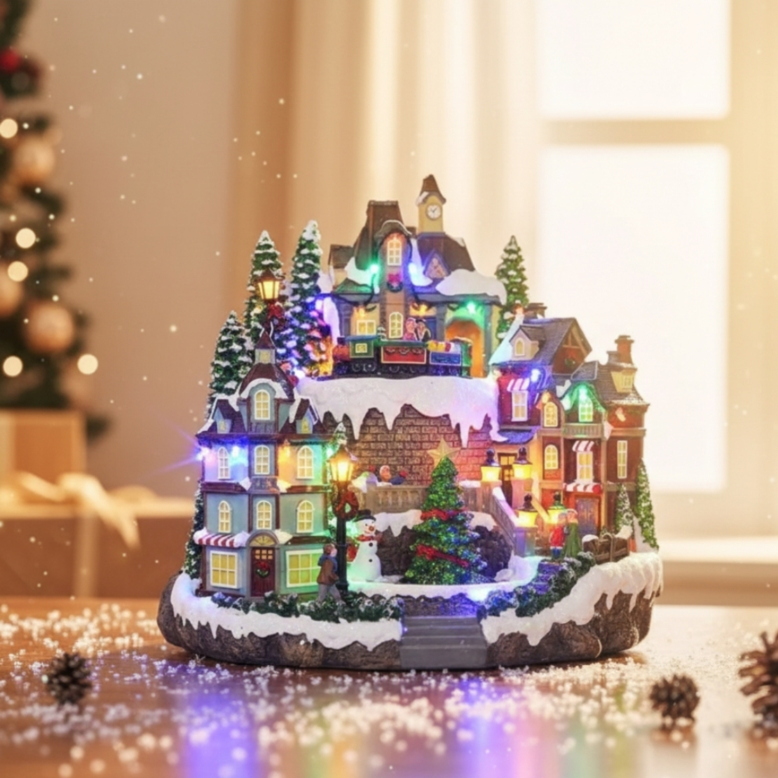 Празнична коледна сцена с LED осветление – Ръчно изработена декорация