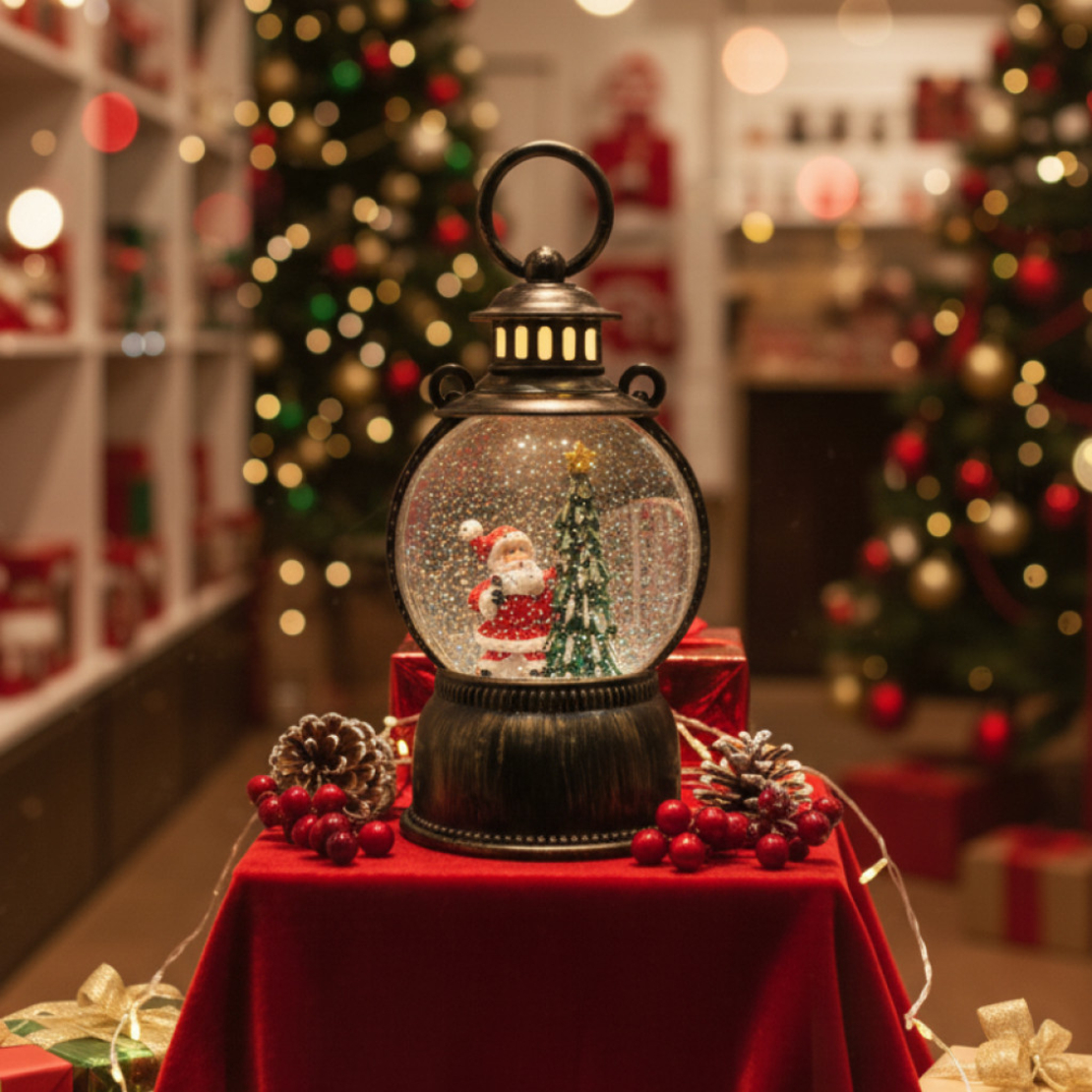 Голям LED коледен фенер с ефект на падащ сняг – приказна светлина и празнична магия