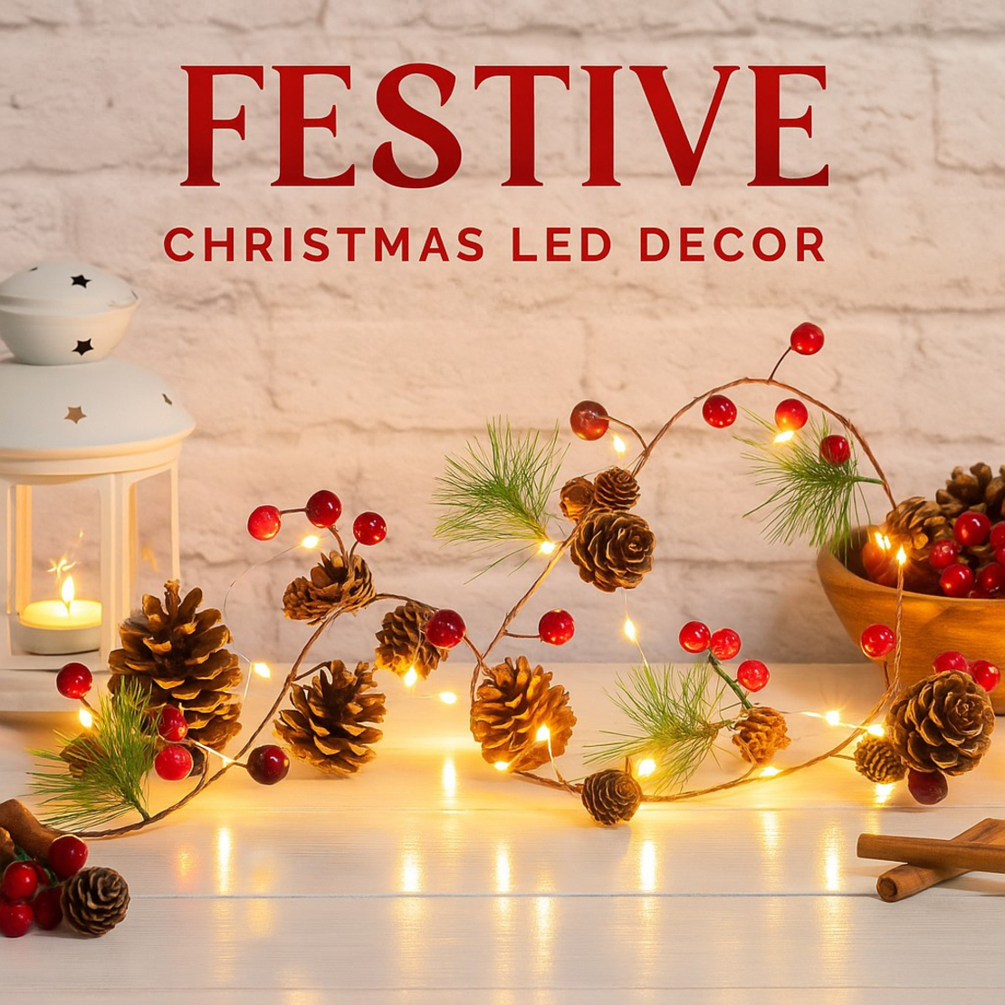 Светеща коледна украса с LED светлини шишарки и борови клонки