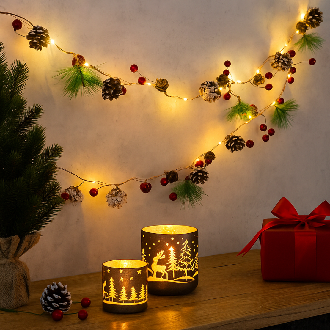 Светеща коледна украса с LED светлини шишарки и борови клонки