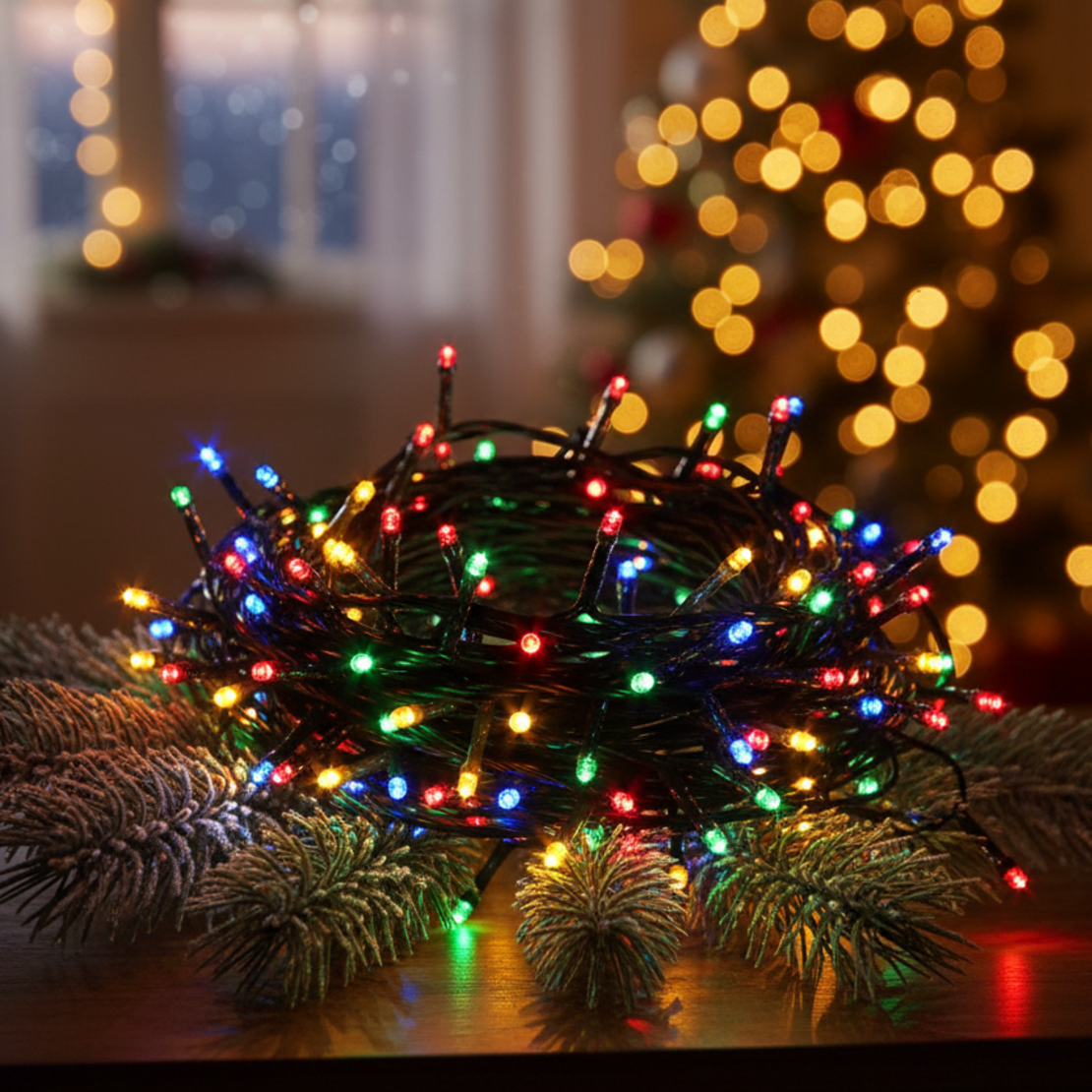 Цветни коледни лампички с черен кабел