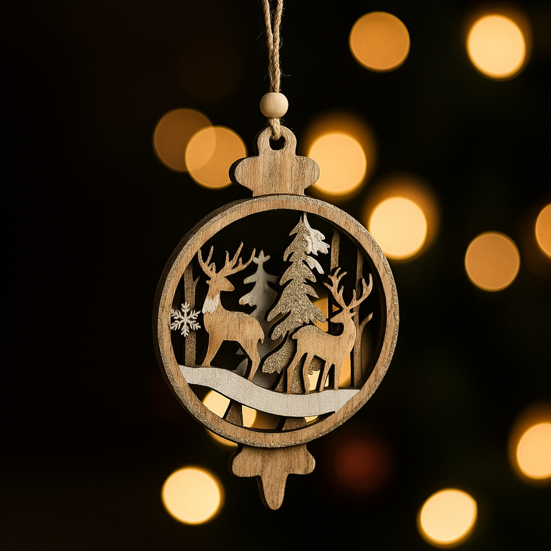 Дървена украса със северни елени за елха
