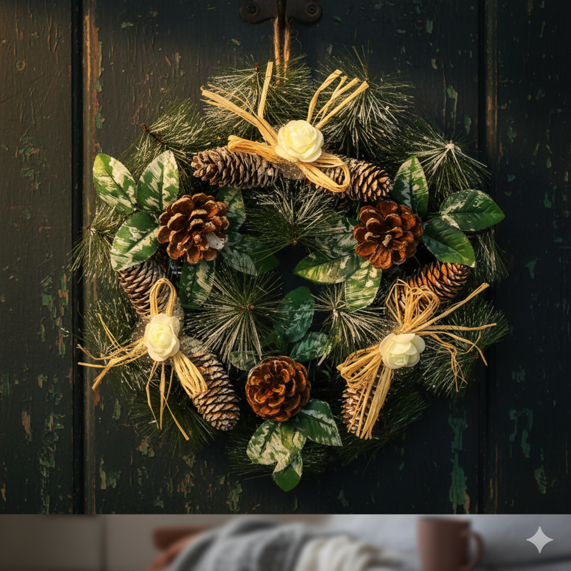 Коледен венец с орнаменти за декорация на дома
