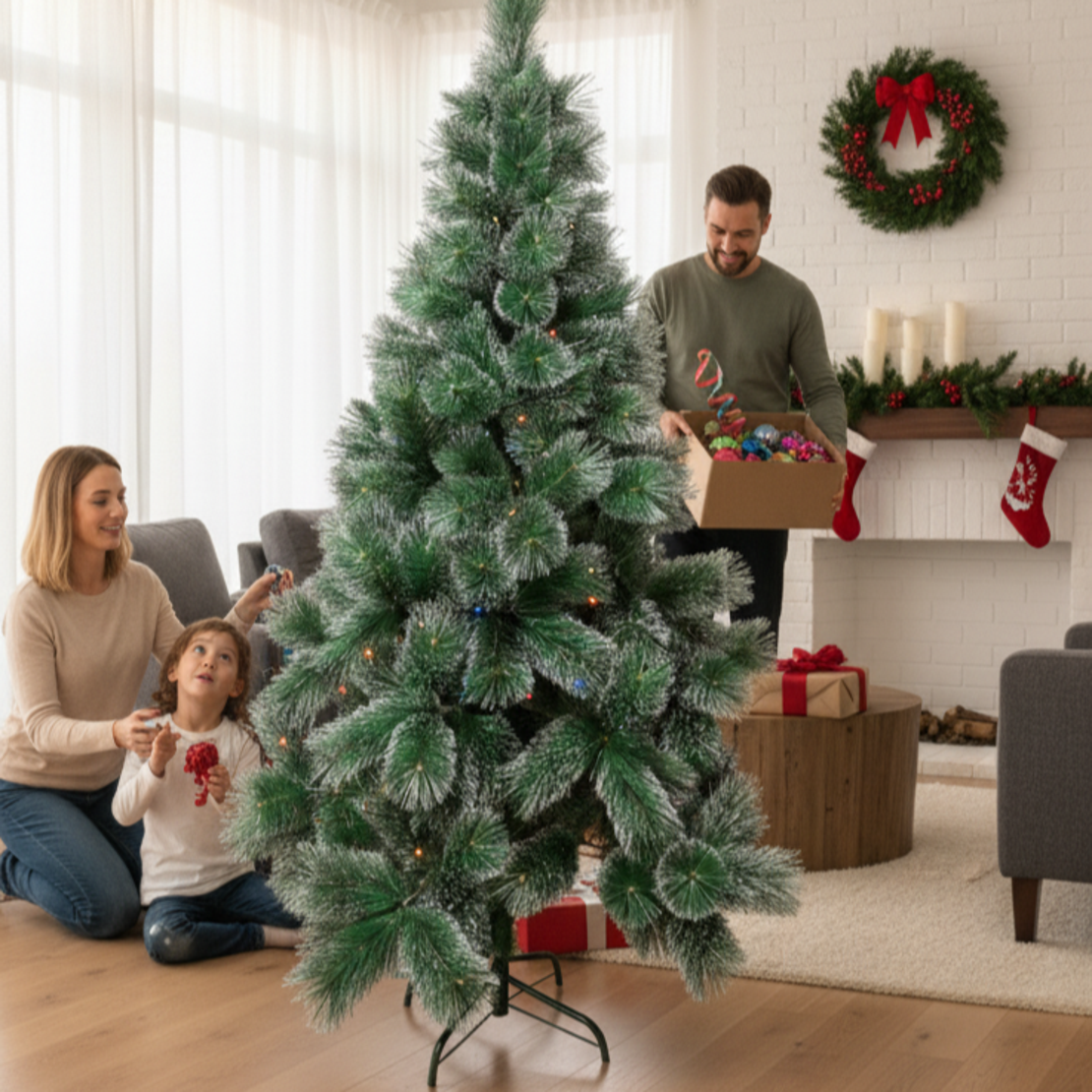 Коледна елха с шишарки и бели заскрежени връхчета