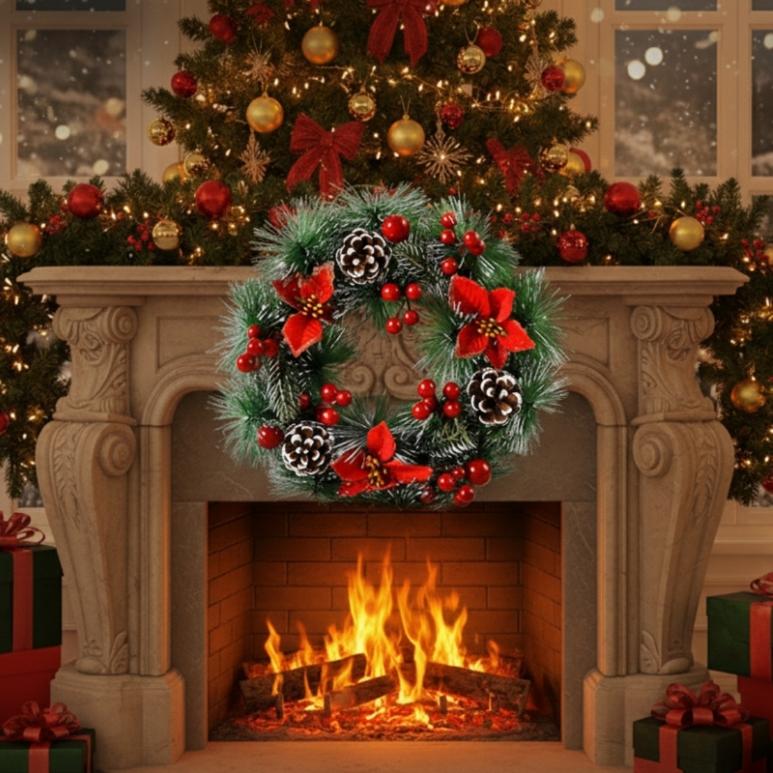 Коледен венец за декорация с шишарки и изкуствени коледни звезди Диаметър: 30 см