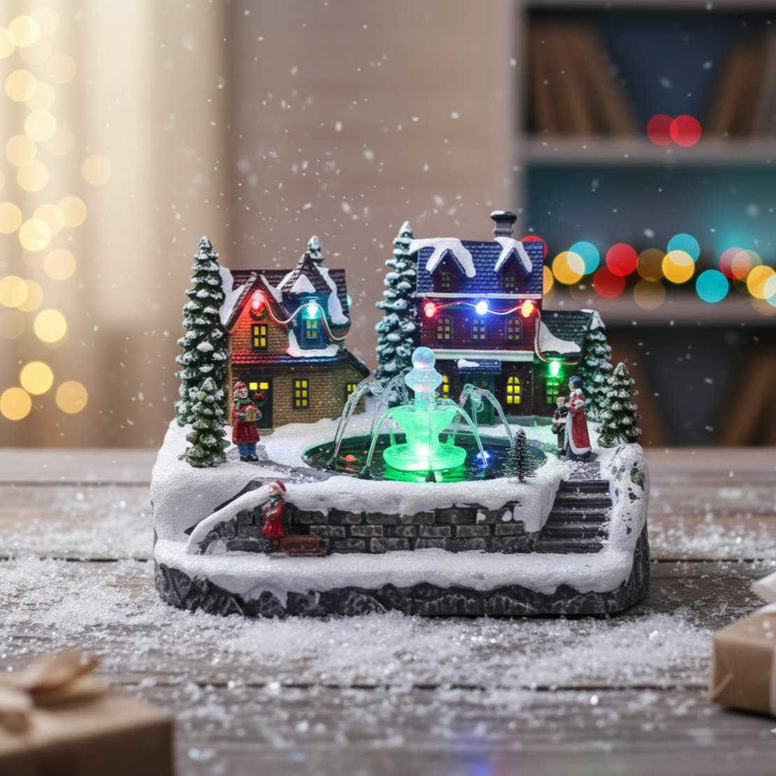 Коледна декорация със светлини и воден фонтан – зимна приказка за вашия дом