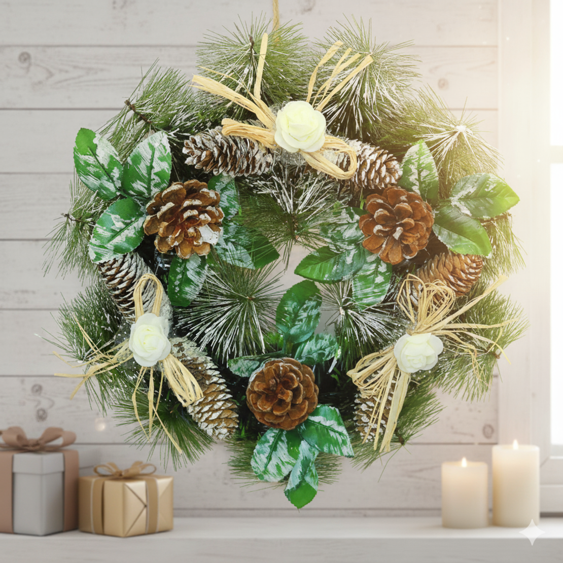 Коледен венец с орнаменти за декорация на дома