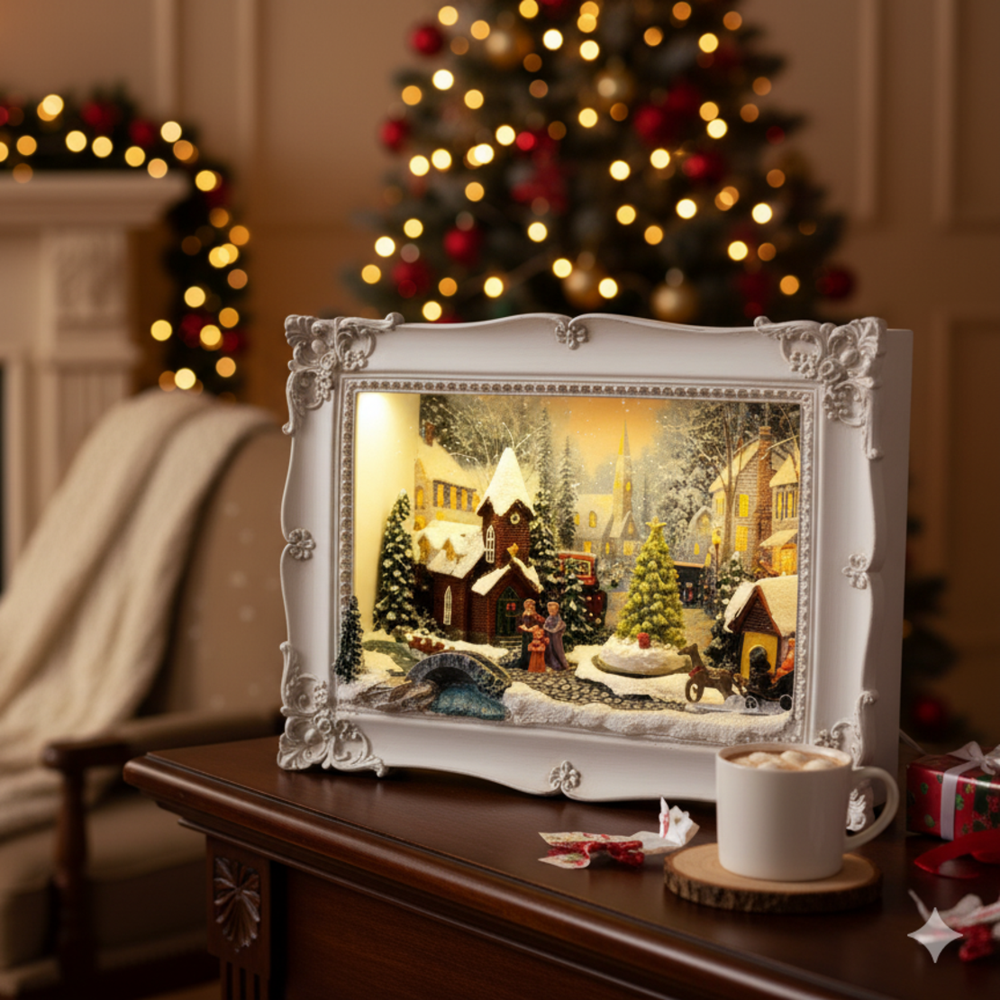 Светеща Коледна декорация на зимен пейзаж с ретро дизайн на рамка