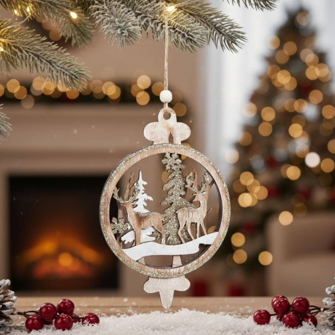 Дървена украса със северни елени за елха