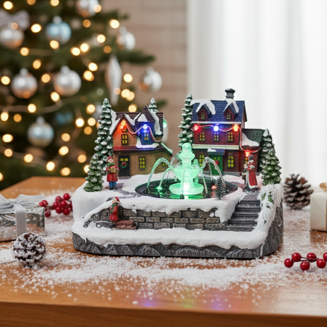 Коледна декорация със светлини и воден фонтан – зимна приказка за вашия дом