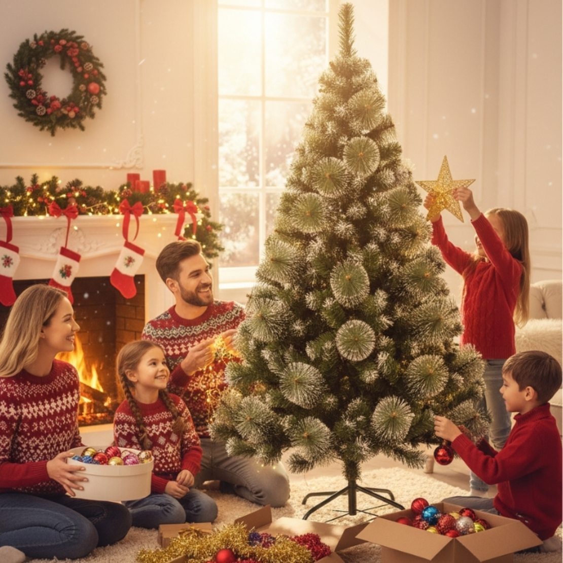 Изкуствена коледна елха с бели връхчета и шишарки !