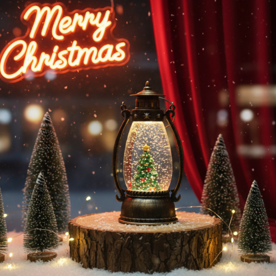 Ретро LED коледен фенер с падащ сняг – магическа светлина и празничен уют