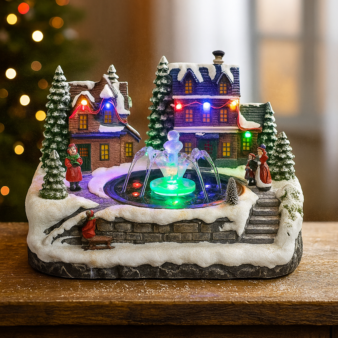Коледна декорация със светлини и воден фонтан – зимна приказка за вашия дом