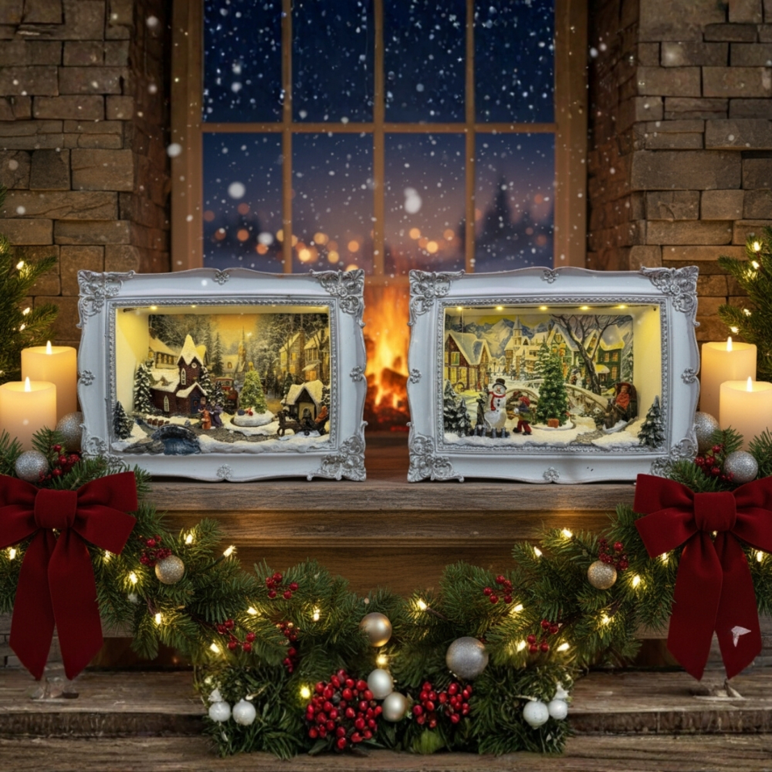 Светеща Коледна декорация на зимен пейзаж с ретро дизайн на рамка