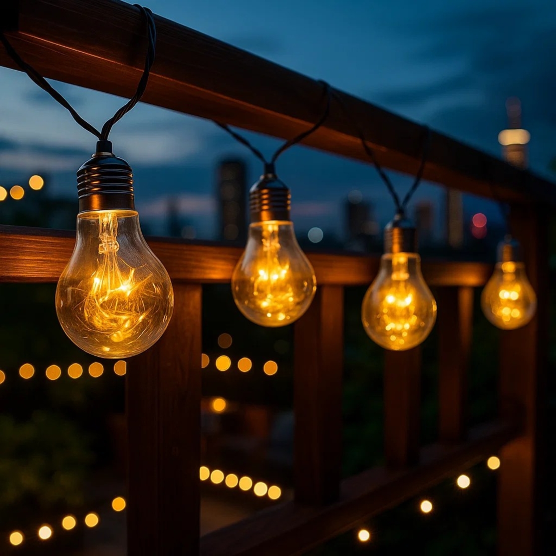 Празнични LED светлини с формата на крушка разположени на гъвкаво въже