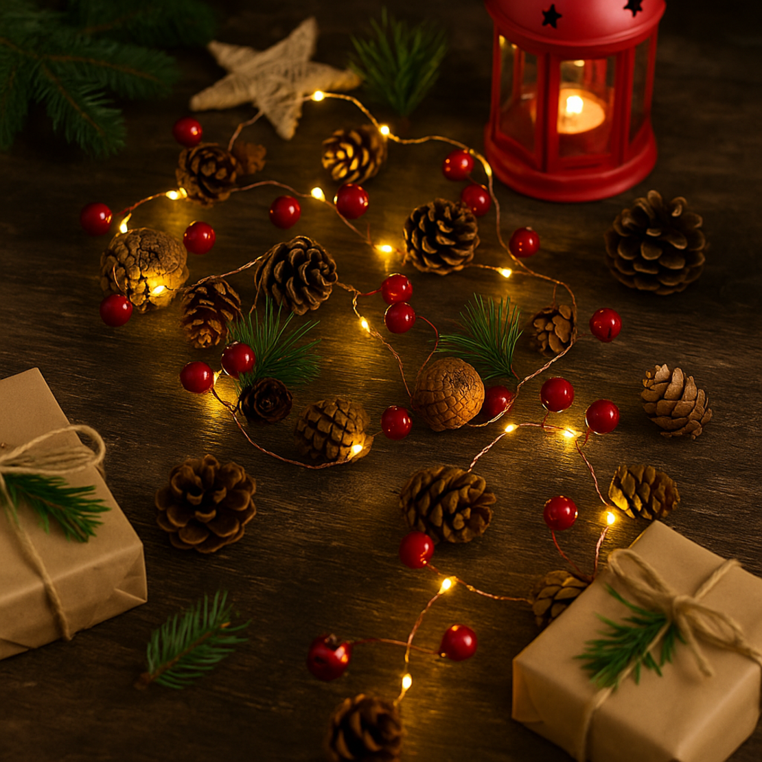 Светеща коледна украса с LED светлини шишарки и борови клонки