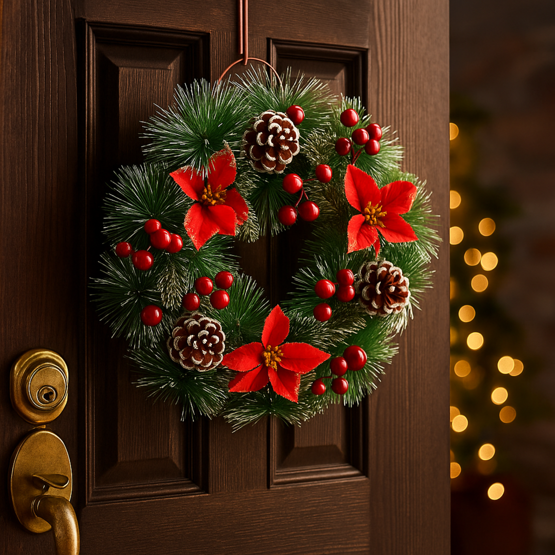 Коледен венец за декорация с шишарки и изкуствени коледни звезди Диаметър: 30 см
