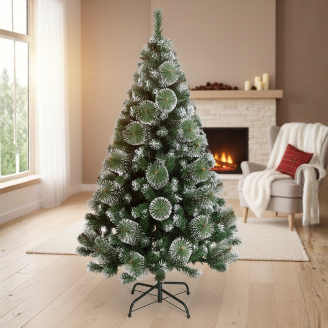 Изкуствена коледна елха с бели връхчета и шишарки !