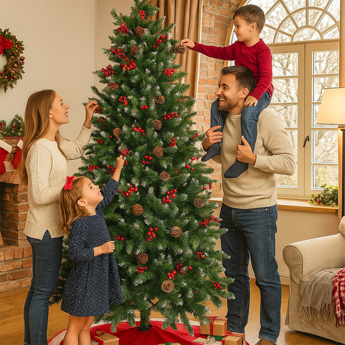 Изкуствена елха Luxury Diamond с червен глог и шишарки