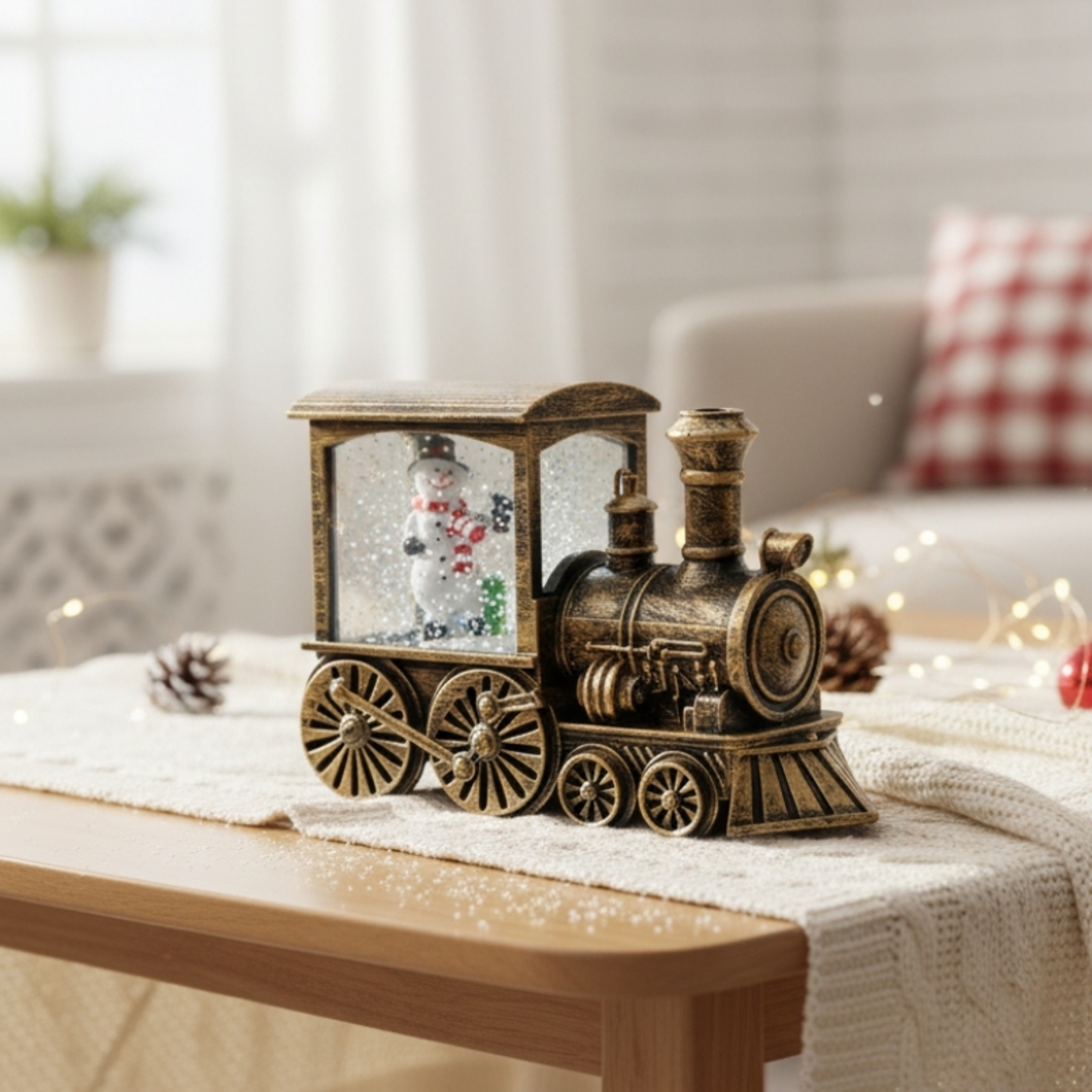 Коледна декорация - светещ ретро влак със снежинки