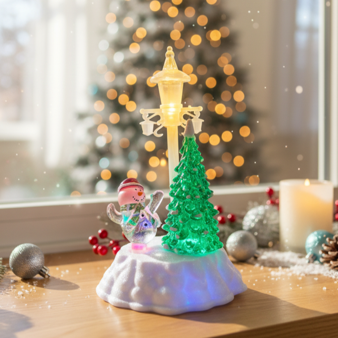 Коледна декорация - Снежен човек и елха под лампа