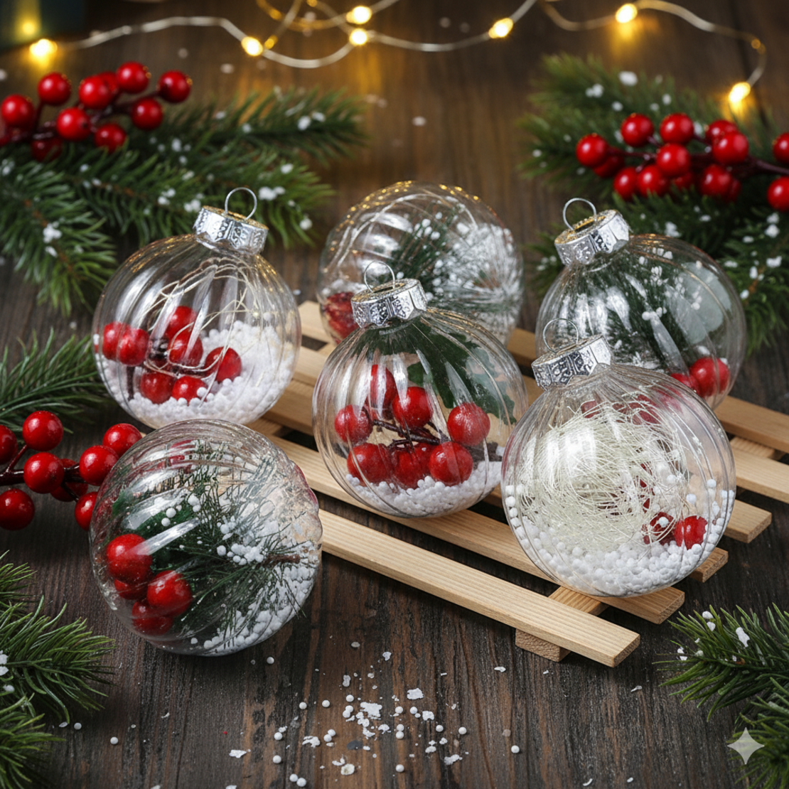 Комплект от 6 прозрачни топки за елха пълни с коледна декорация