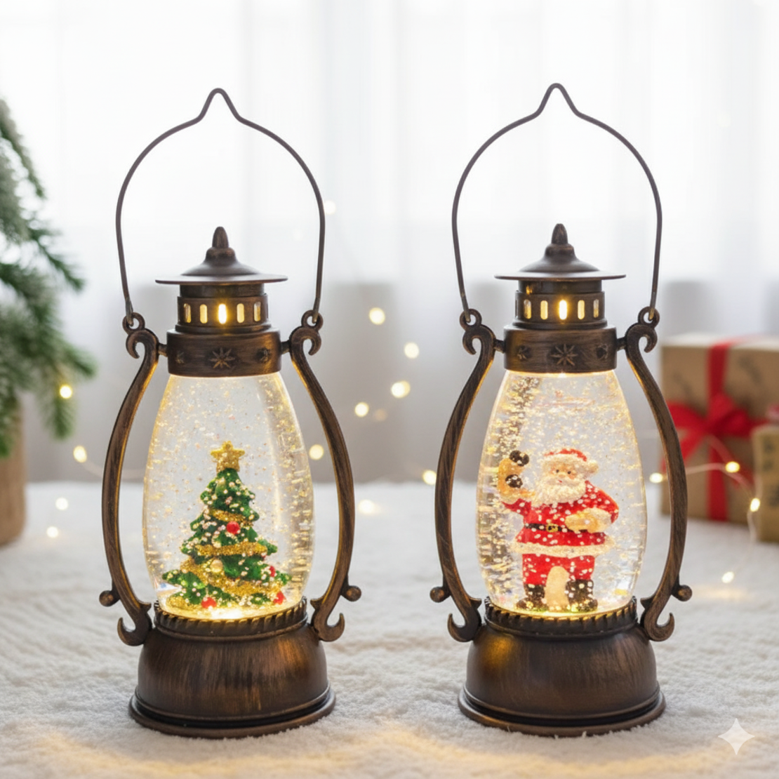 Ретро LED коледен фенер с падащ сняг – магическа светлина и празничен уют