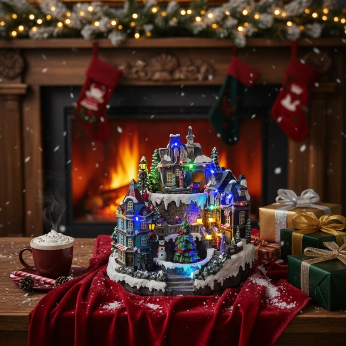 Празнична коледна сцена с LED осветление – Ръчно изработена декорация