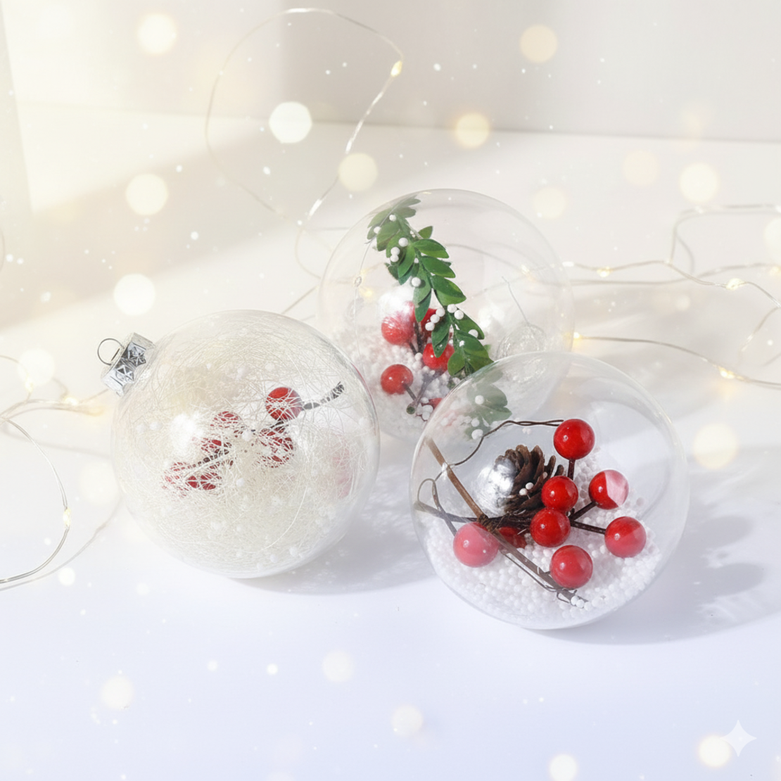 Комплект от 6 прозрачни топки за елха пълни с коледна декорация