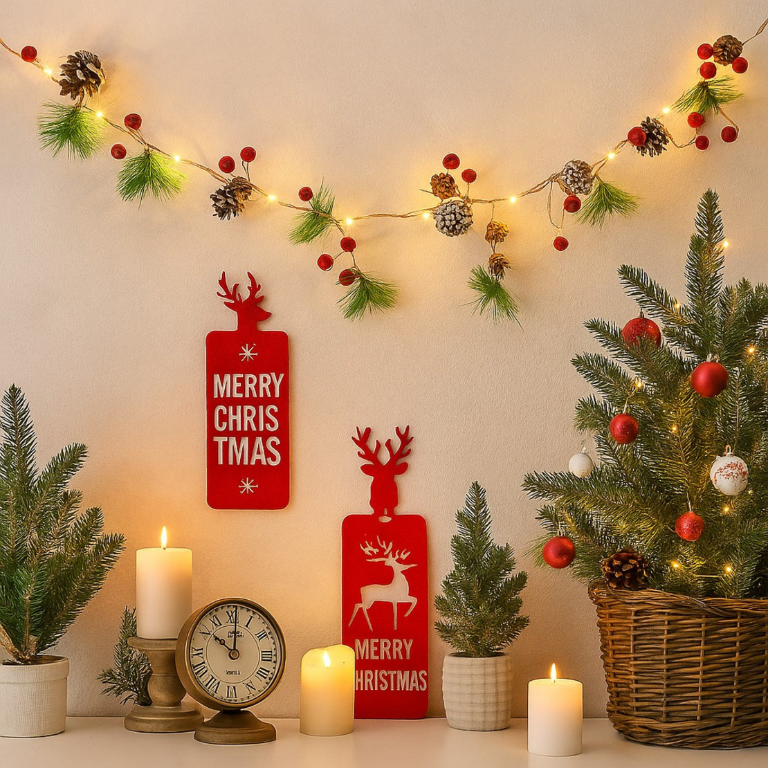 Светеща коледна украса с LED светлини шишарки и борови клонки