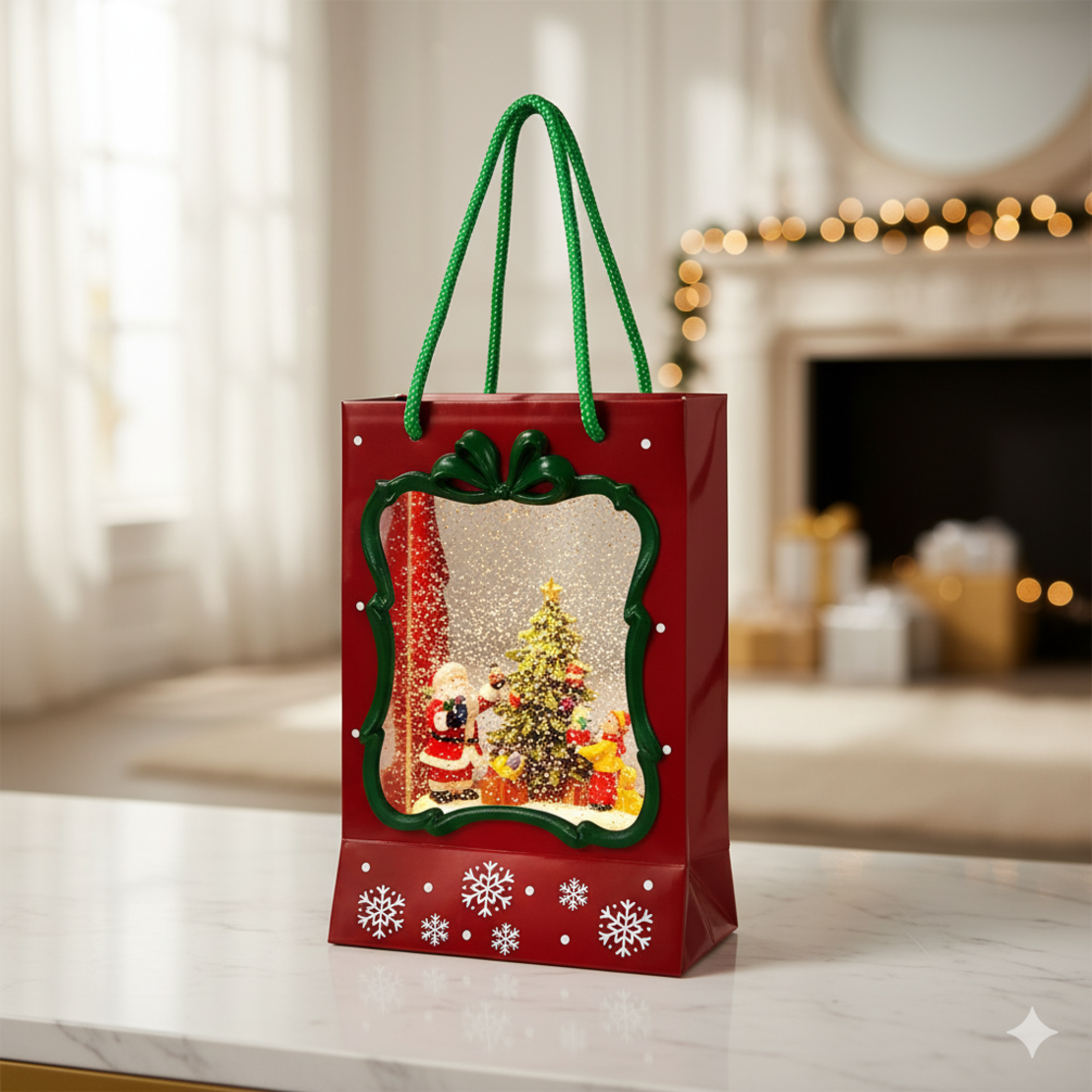 Празнична Коледна декорация във вид на подаръчна чанта със светлини и снежен ефект