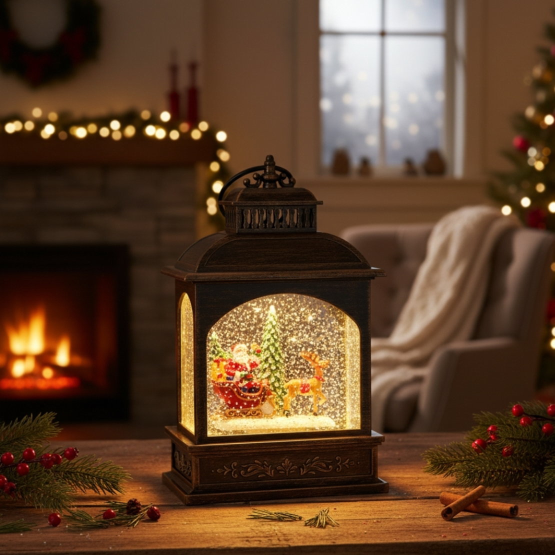 Светещ музикален фенер с Дядо Коледа и вихър от блясък