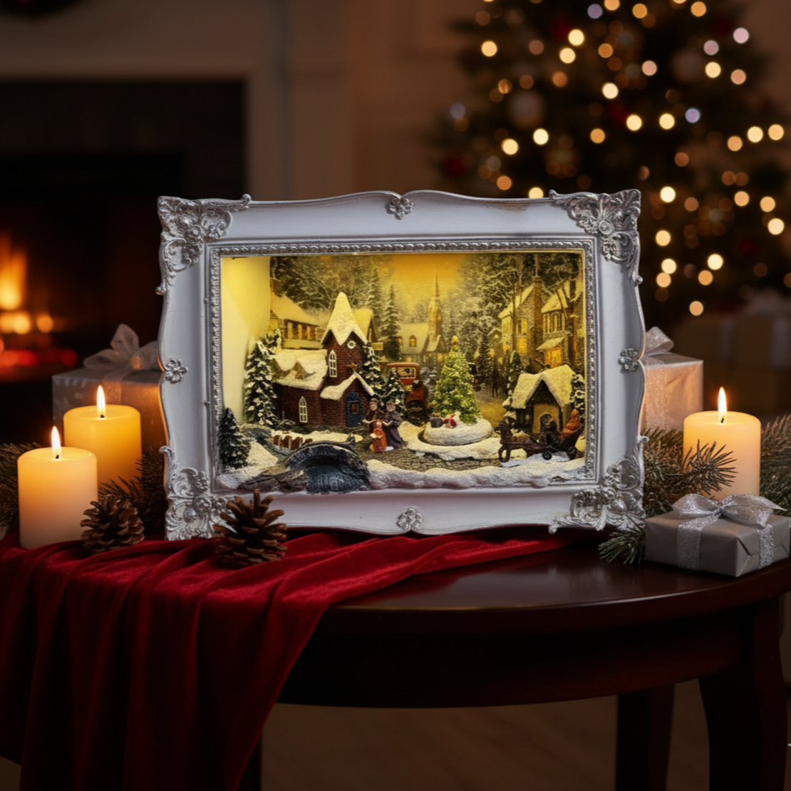 Светеща Коледна декорация на зимен пейзаж с ретро дизайн на рамка
