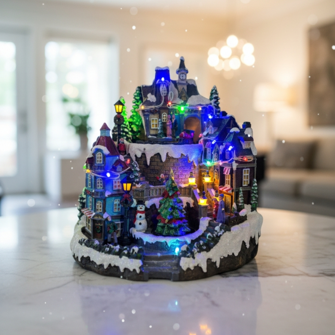 Празнична коледна сцена с LED осветление – Ръчно изработена декорация