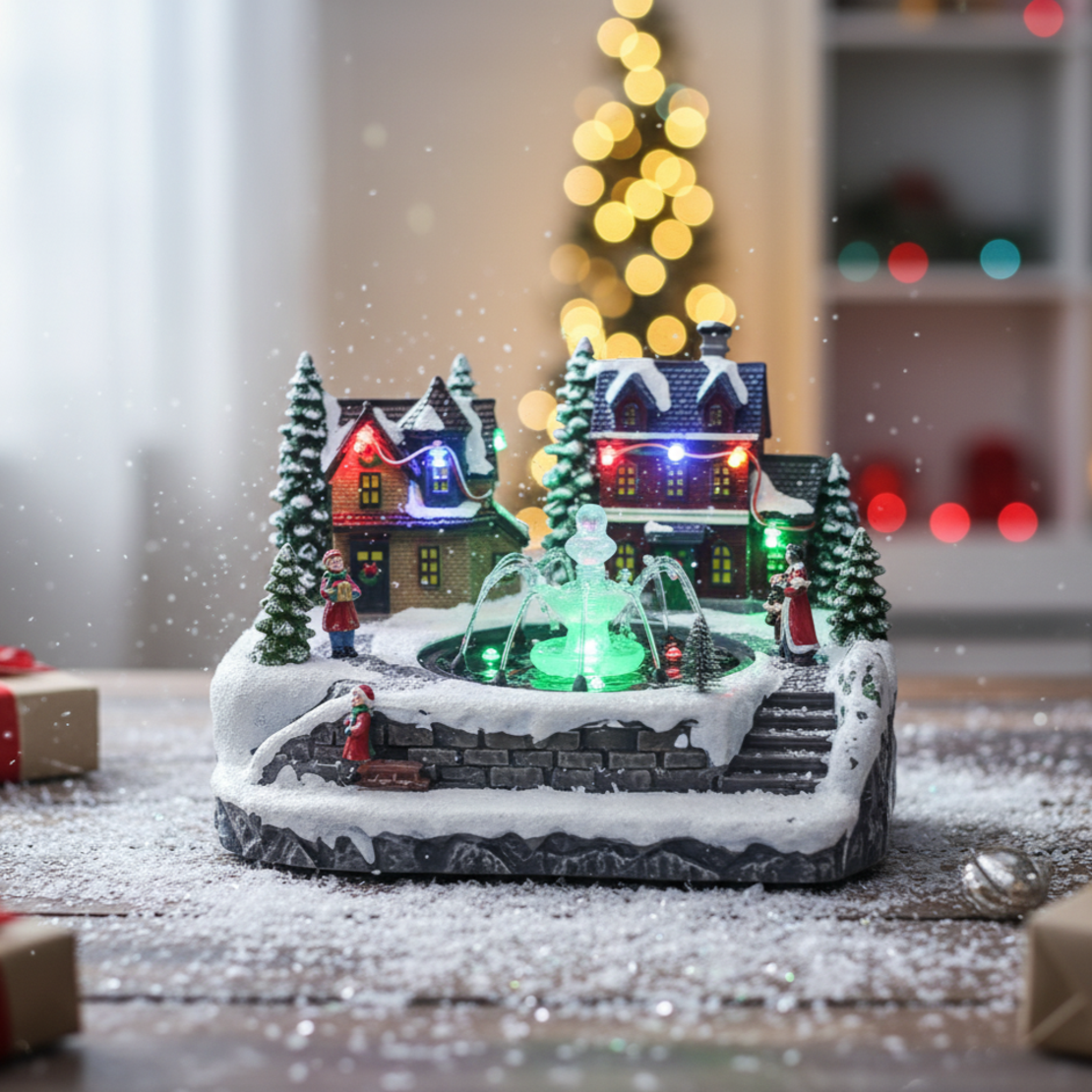 Коледна декорация със светлини и воден фонтан – зимна приказка за вашия дом