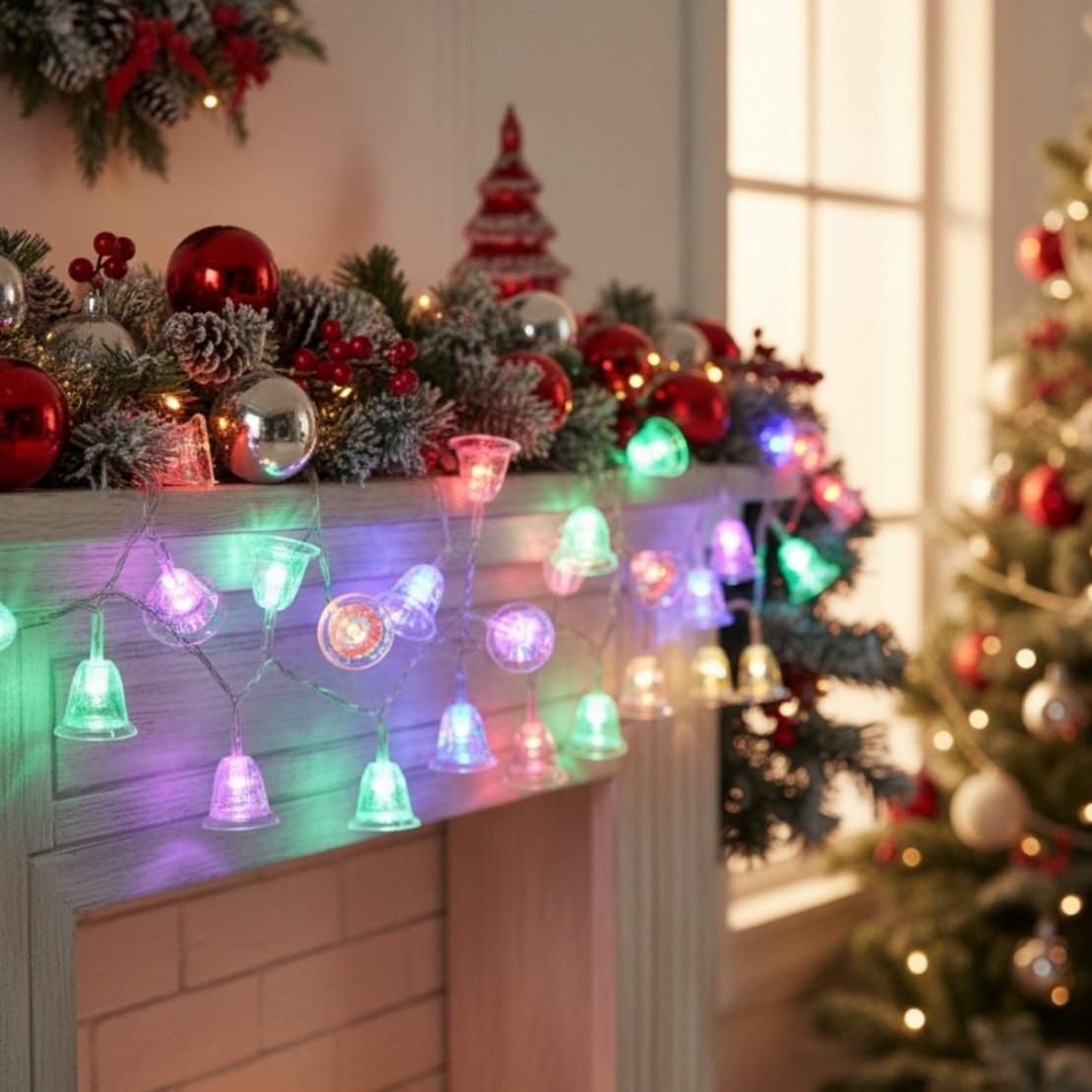 Многоцветни коледни LED лампички с камбанки - Многоцветни дължина - 5м 28бр лампички