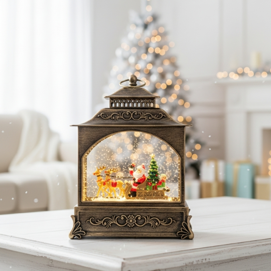 Коледна лампа фенер със сняг и коледни орнаменти