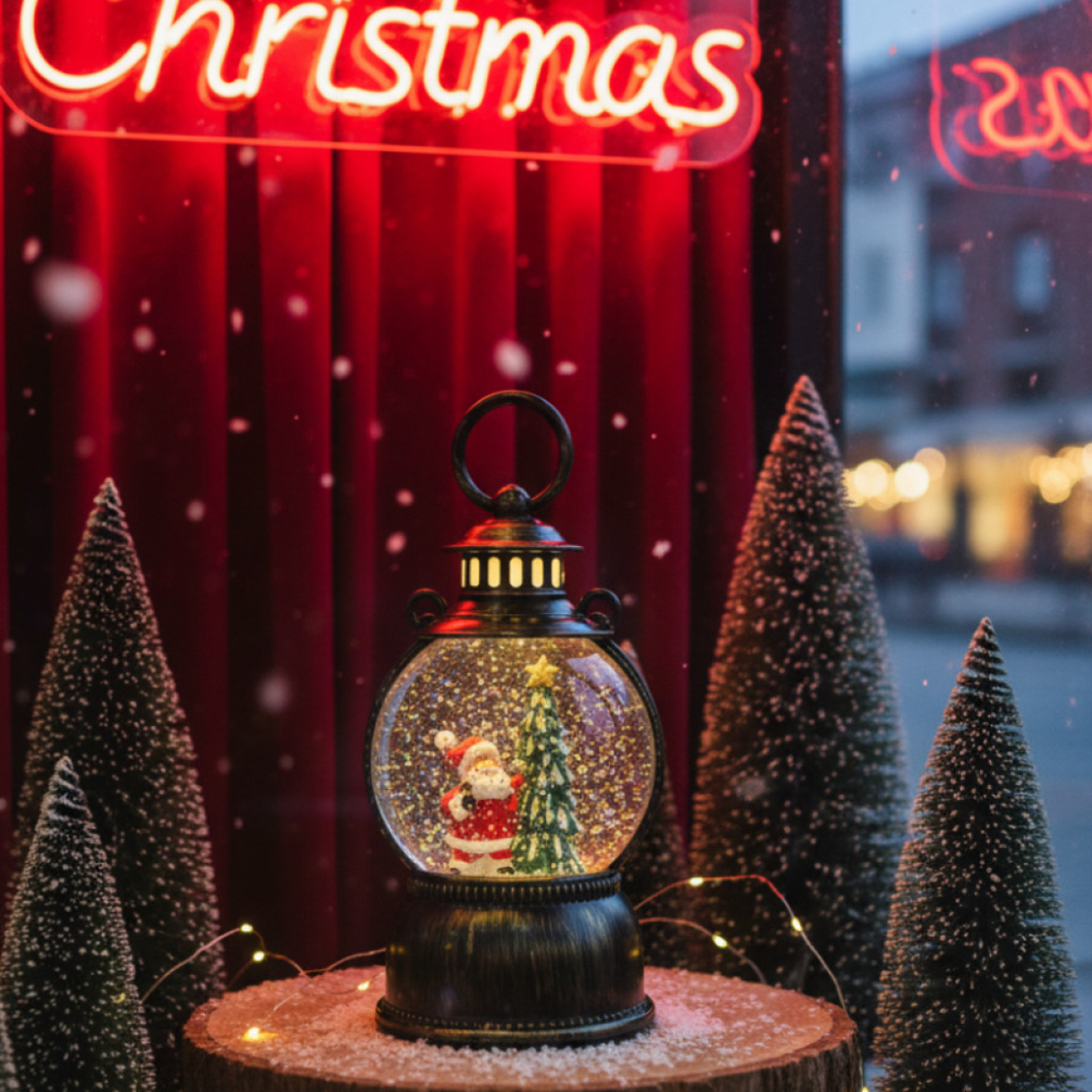 Голям LED коледен фенер с ефект на падащ сняг – приказна светлина и празнична магия