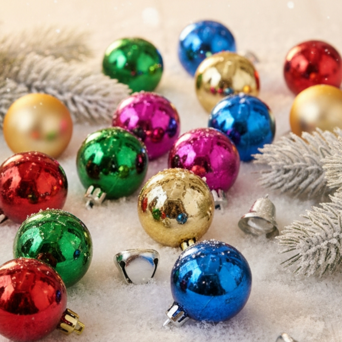 Празничен комплект от 12 бр. цветни топки в разнообразие от цветове и размери