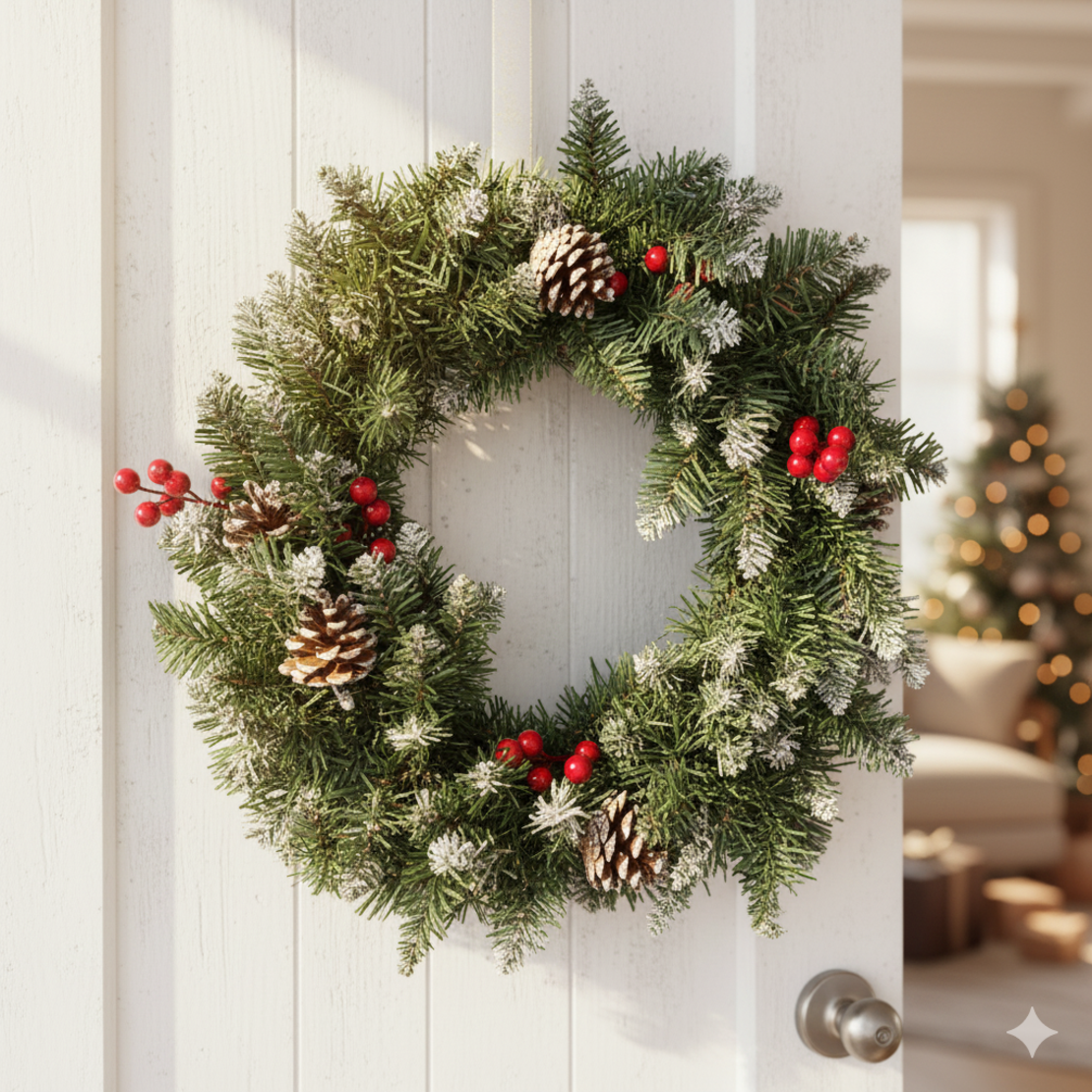 Коледен венец с шишарки и червени плодчета