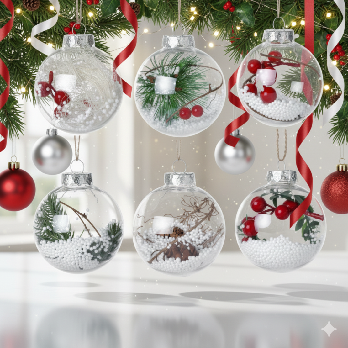 Комплект от 6 прозрачни топки за елха пълни с коледна декорация