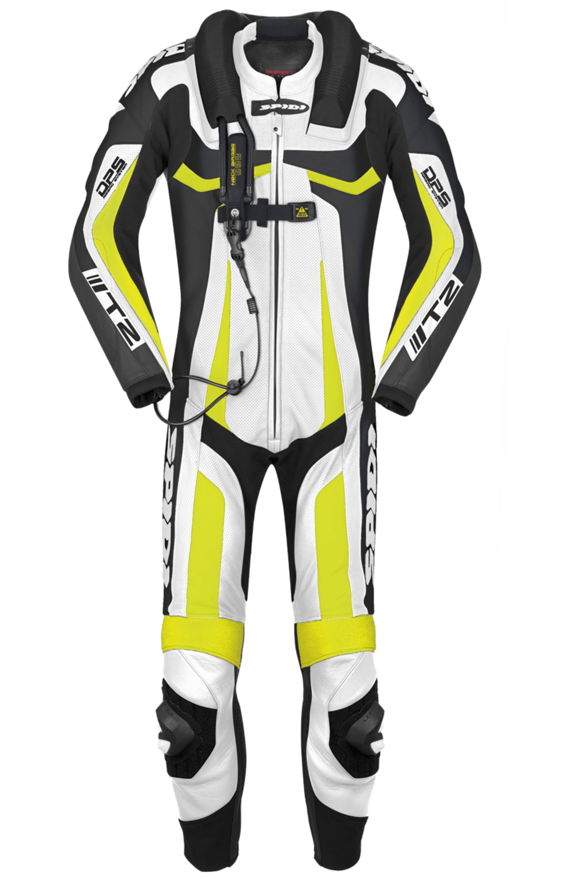 Кожен мото екип с гърбица SPIDI T-2 Neck Dps Airbag ACID GREEN/BLACK